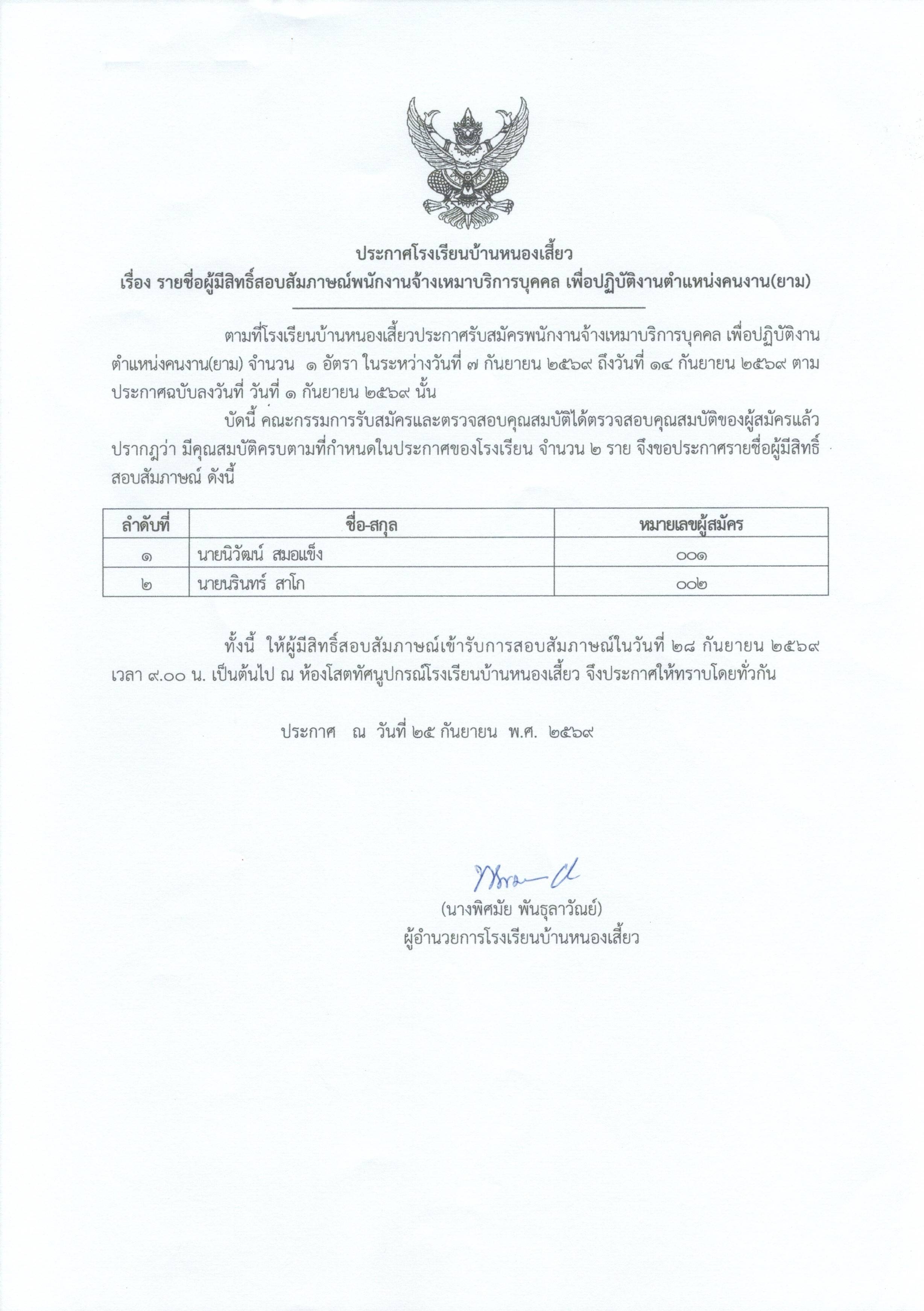 ประกาศรายชื่อผู้ผ่านการคัดเลือกพนักงานจ้างเหมาบริการบุคคล เพื่อปฏิบัติงานตำแหน่งคนงาน(ยาม)